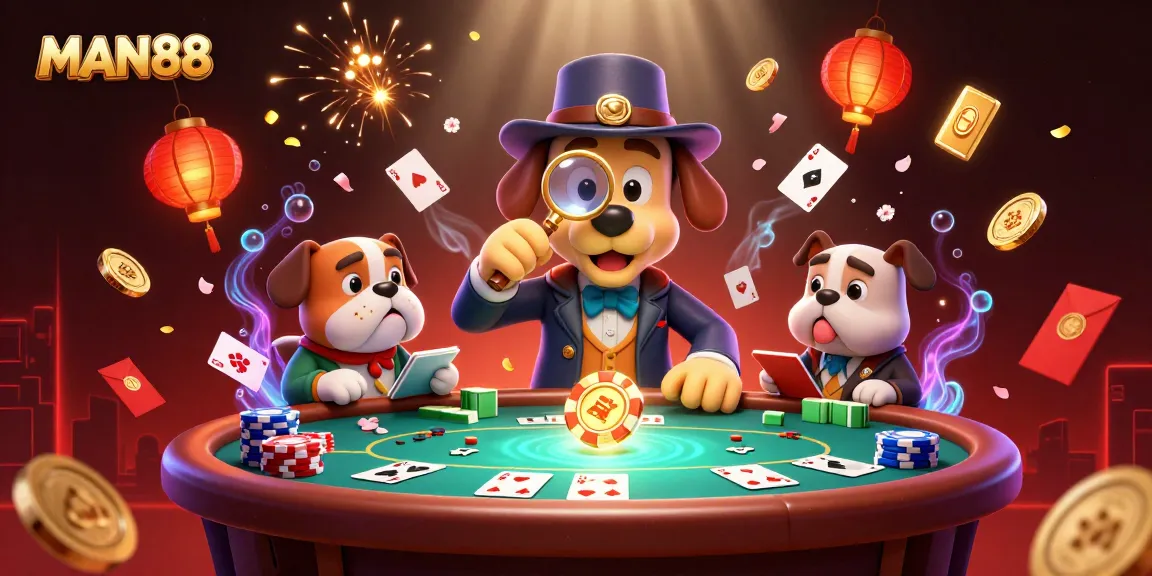 Experience exciting poker action at MAN88 with a detective examining clues and vibrant casino elements.
