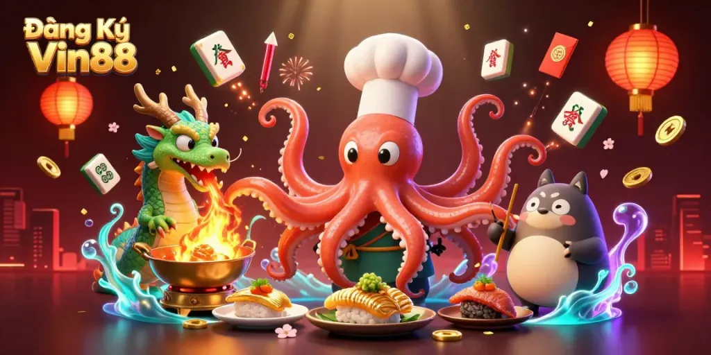 Engage with Đăng Ký Vin88, featuring a dynamic 3D illustration of an octopus chef cooking with casino elements.