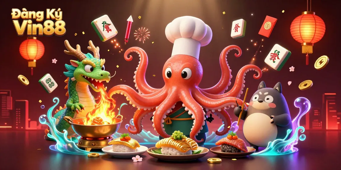 Engage with Đăng Ký Vin88, featuring a dynamic 3D illustration of an octopus chef cooking with casino elements.