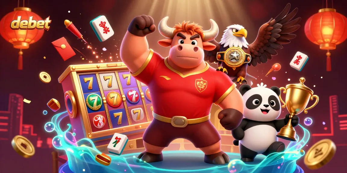 Experience thrilling gaming at debet with dynamic slot reels and vibrant characters celebrating victories.