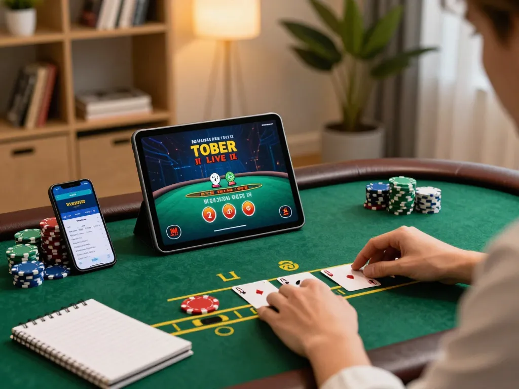Engaging in live dealer blackjack on 45678 com, showcasing strategic betting setup with tablet and smartphone.