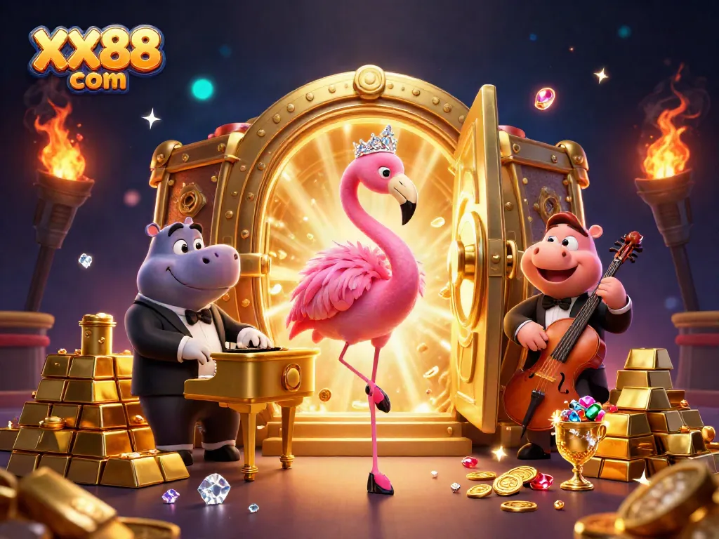 Join the excitement at XX88 com with vibrant casino-themed 3D illustration featuring dynamic characters and treasures.