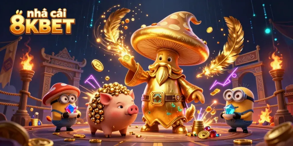 Experience the thrill of the nhà cái 8KBET with magical characters channeling fortune in an enchanting casino setting.