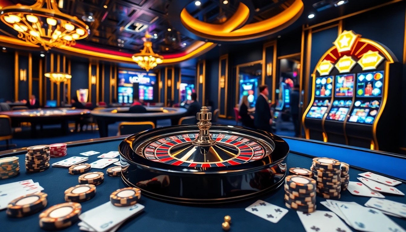 Engage in the thrilling world of lc 88 with vibrant gambling elements, featuring a glamorous roulette wheel and poker chips.
