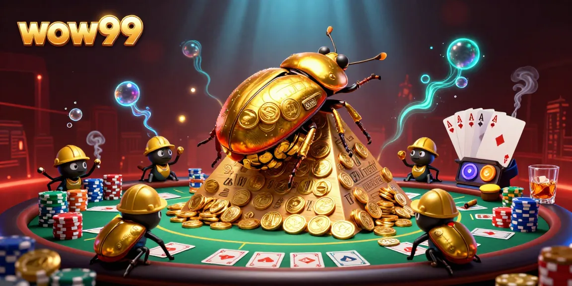 Menggulung bola emas dengan koin, wow99, simbol kasino, dan meja poker yang kaya detail.