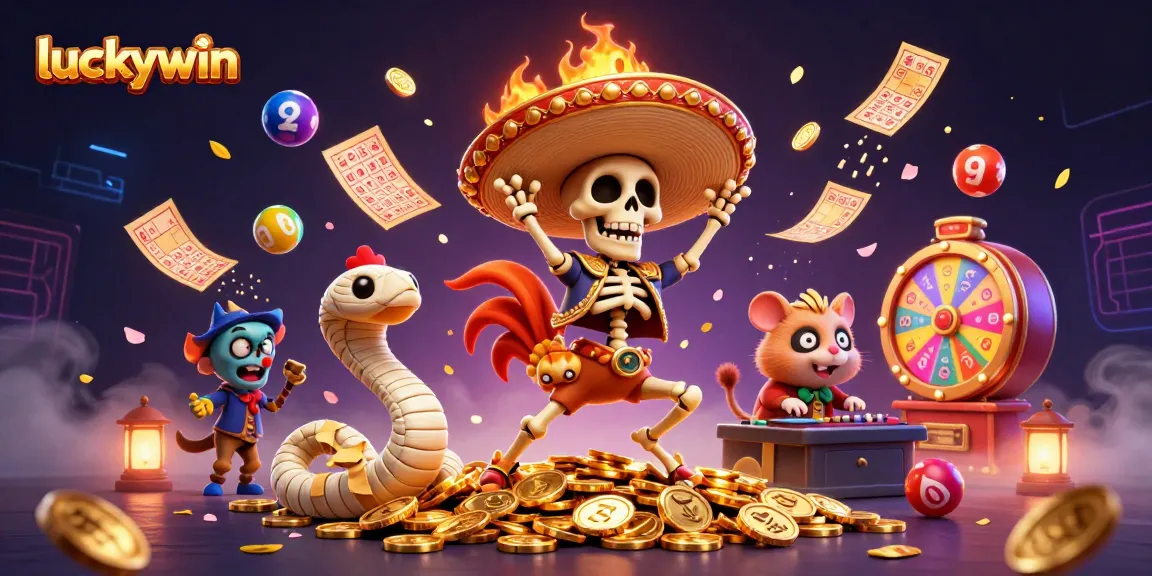 Luckywin offers a vibrant 3D casino scene with celebratory characters and colorful game elements, immersing players in excitement.
