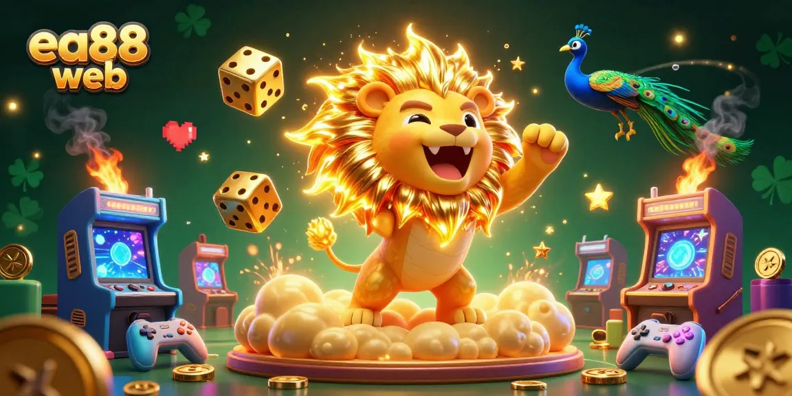 Experience the excitement of ea88 web with a dynamic 3D casino scene showcasing a roaring lion and vibrant gaming elements.