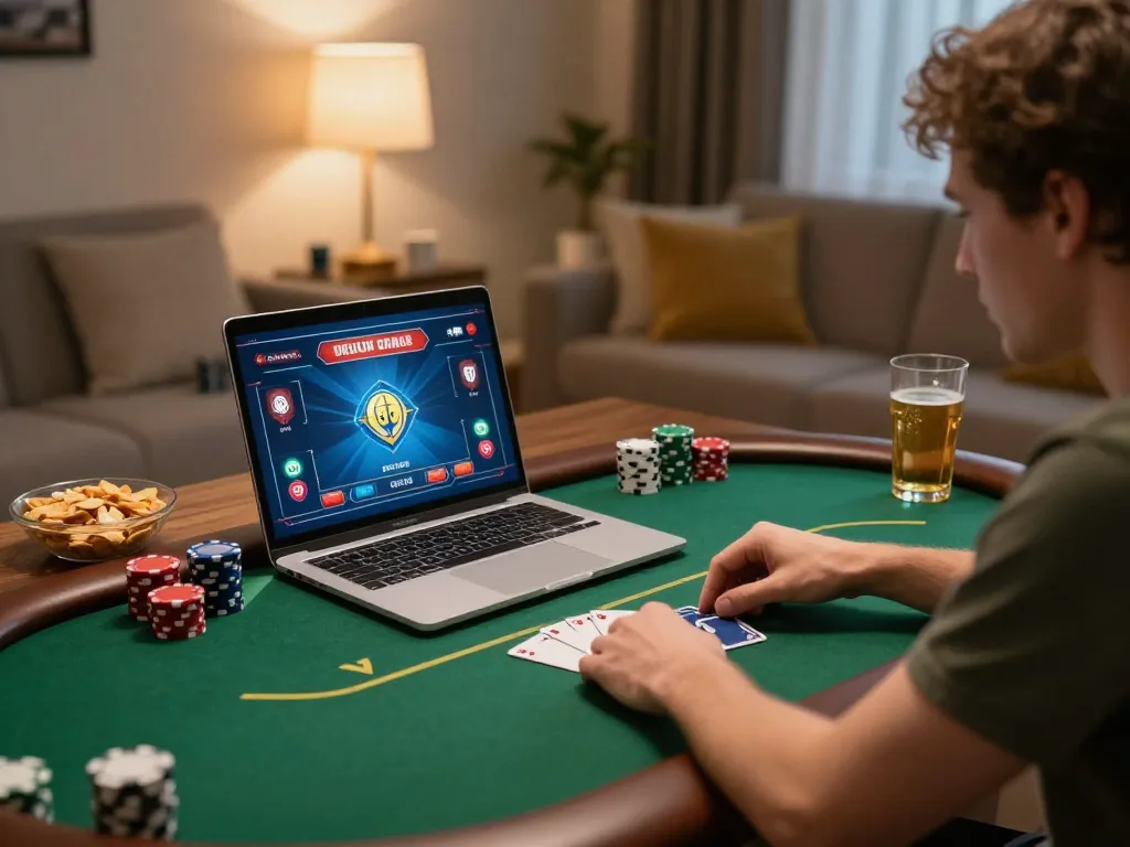LUCKY88 player enjoying online poker gaming experience in a cozy living room environment