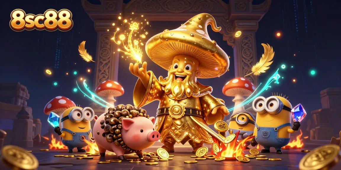 Experience the magic of 8sc88 as the golden wizard conjures treasure in a vibrant casino scene.