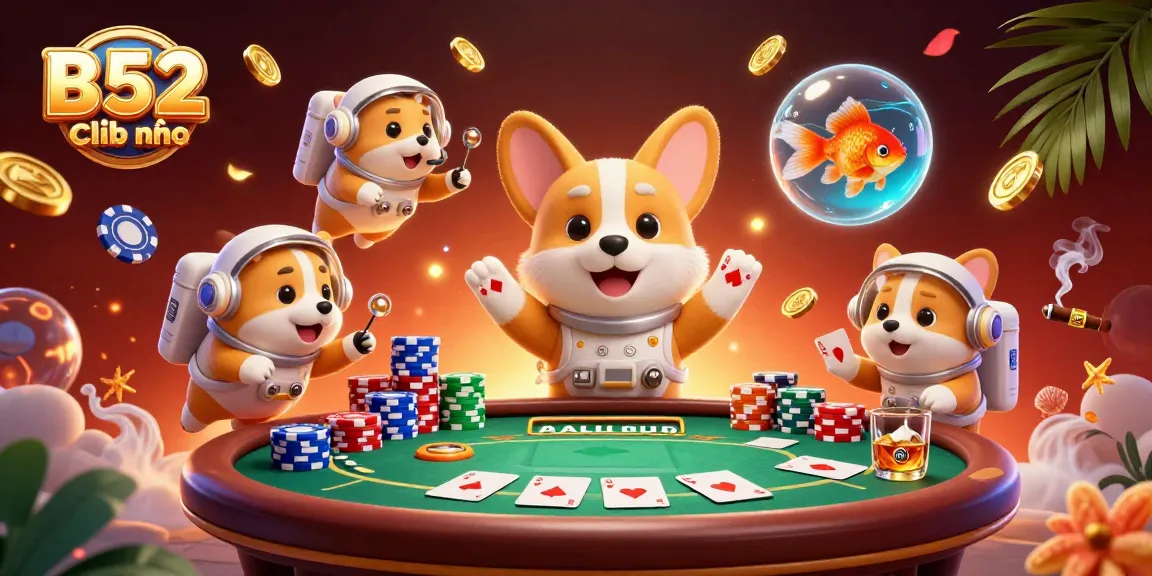 Bidding at B52 Club chính thức with a corgi astronaut, poker chips, and golden coins in a vibrant casino scene.