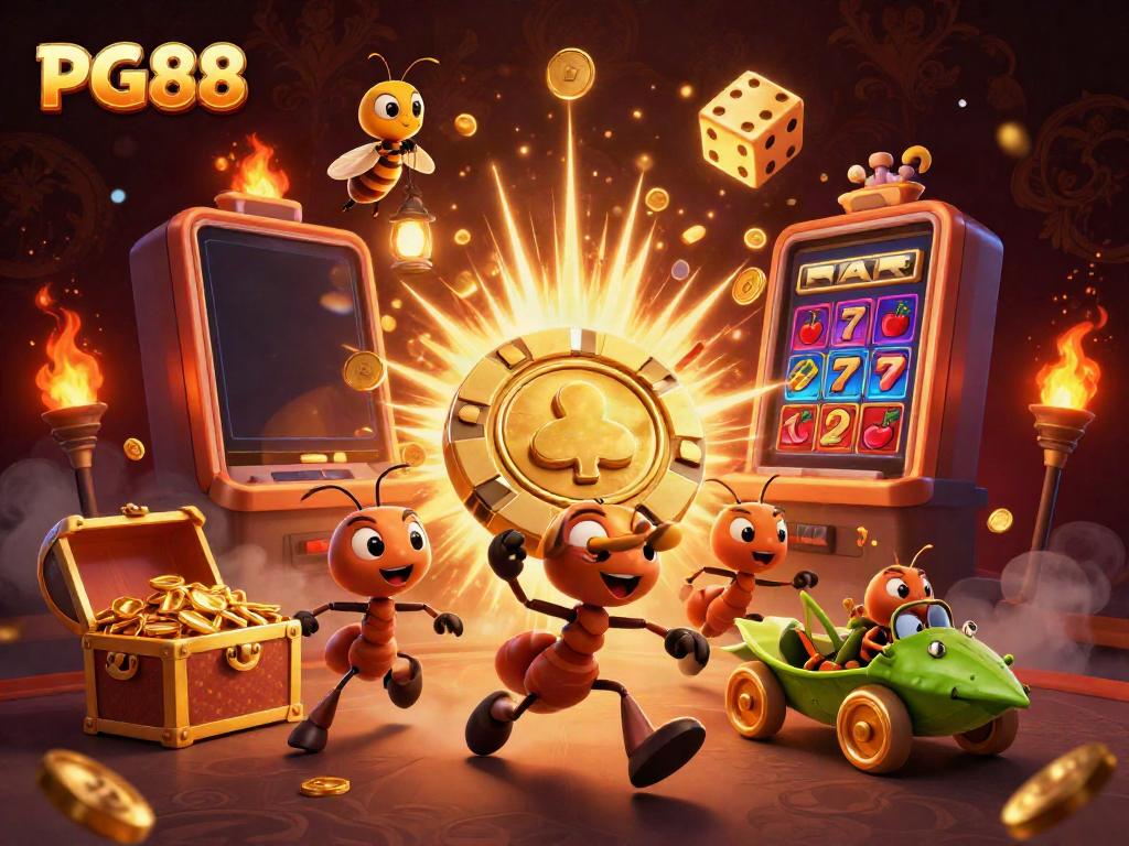 Experience PG88 fun with cartoon heist ants, a slot explosion, and casino elements.