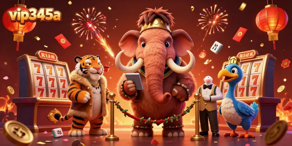 Experience the thrill of vip345a with a cartoon casino scene featuring unique characters and vibrant slot games.