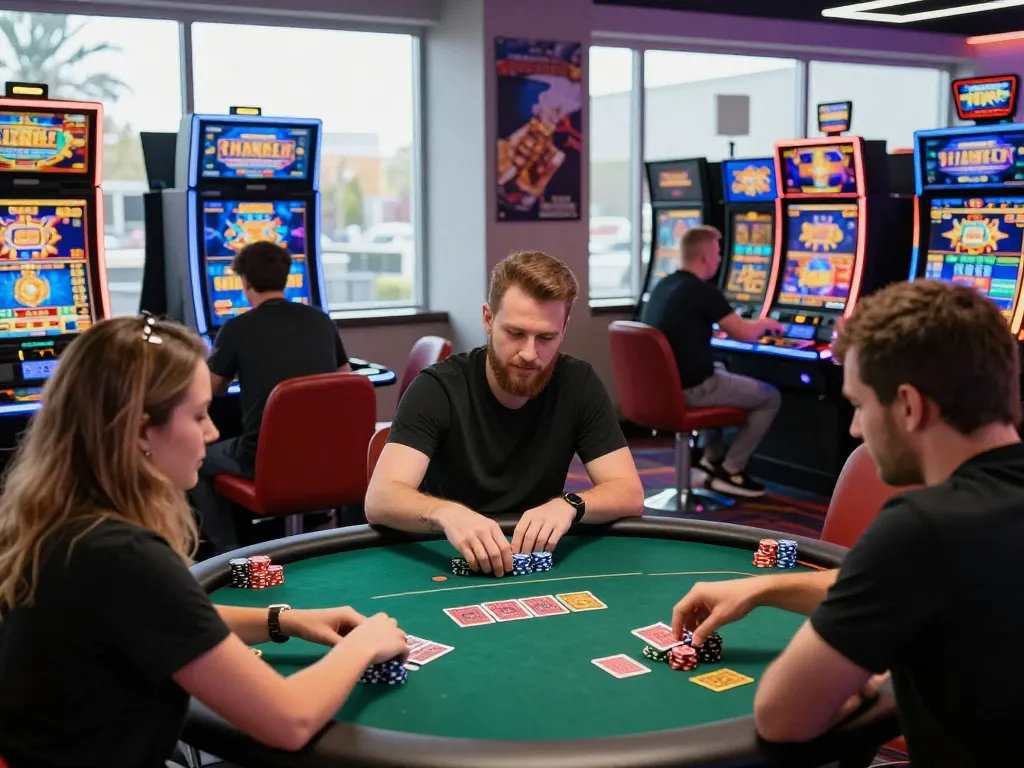 Engaged players enjoying various games at TG88 online casino in a vibrant, modern setting
