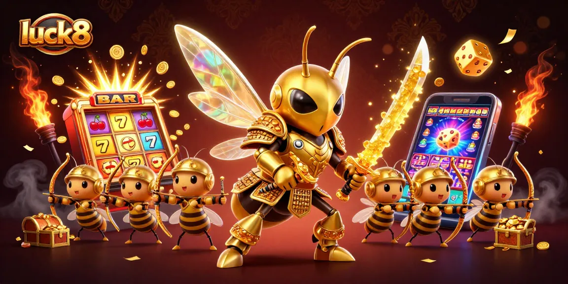 Engage with luck8's thrilling jackpot scene featuring a hornet samurai and golden treasures shining brightly.