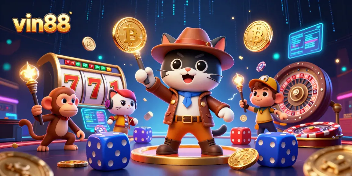 Experience the thrill of vin88 with a vibrant casino scene featuring an archaeologist cat discovering treasures.