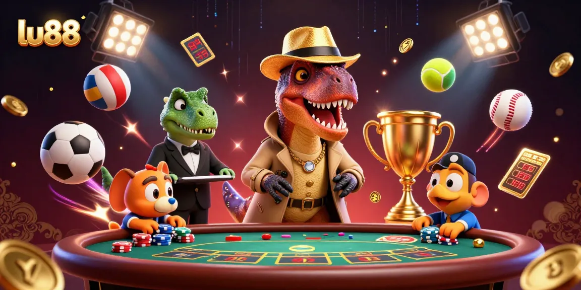 lu88 features a cartoon velociraptor card counter at a blackjack table, enhancing the casino excitement.