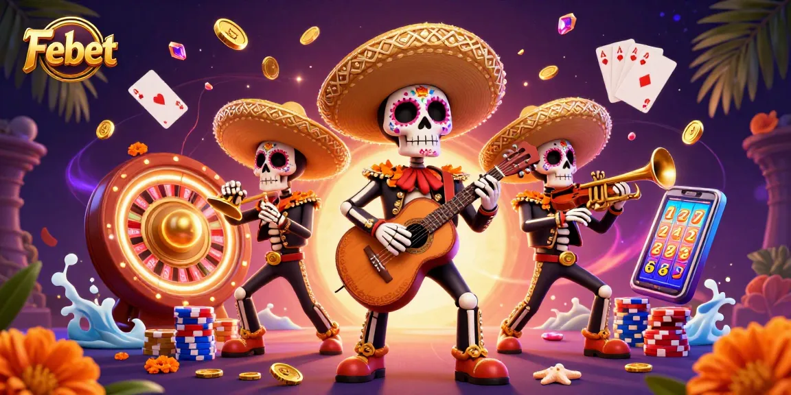 Catch stunning gaming action with Febet featuring a vibrant mariachi band amidst cascading coins and a roulette wheel.