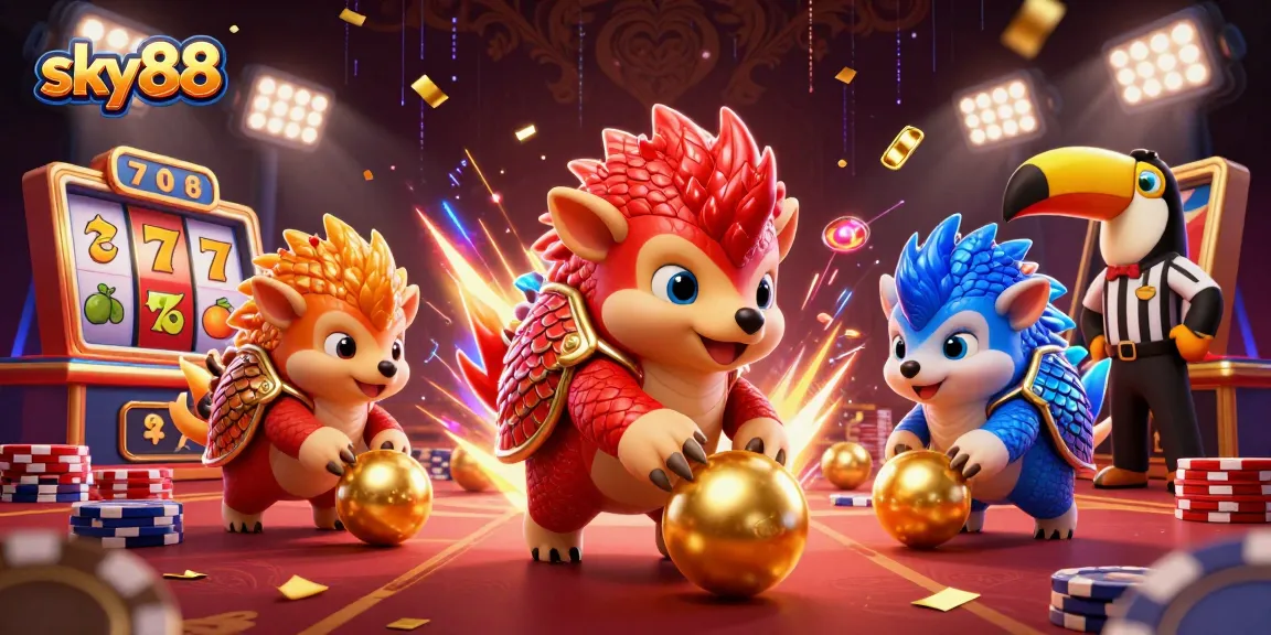 Experience thrilling gameplay at sky88, as pangolins roll through golden balls amid exciting slot game elements.