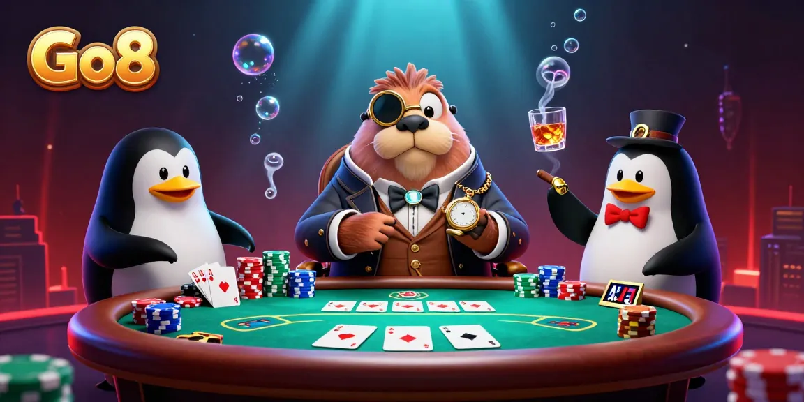 Go8 casino scene depicting a walrus, penguin dealer, and pufferfish at an underwater poker table.