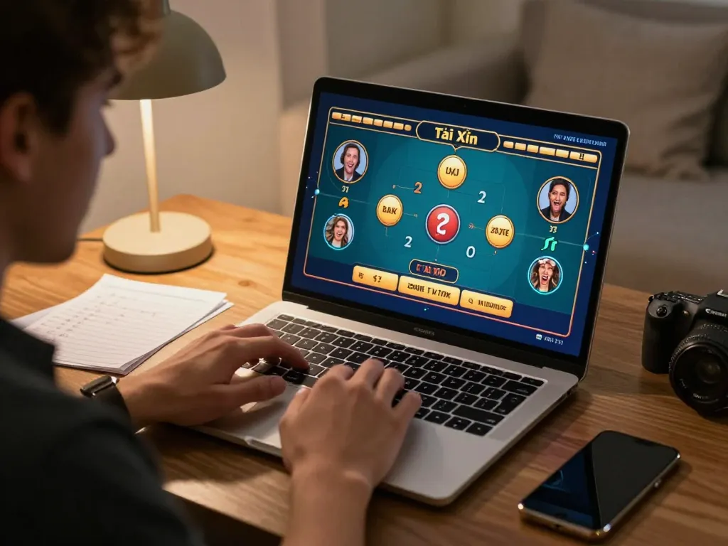 Tài Xỉu player engaged in online gaming at home, showcasing excitement and strategy.