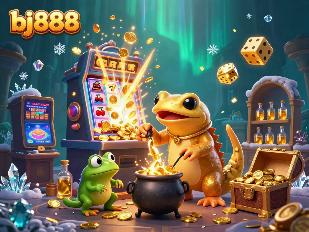 Bettors enjoy the vibrant casino atmosphere with bj888, featuring a golden salamander alchemist and exciting game elements.