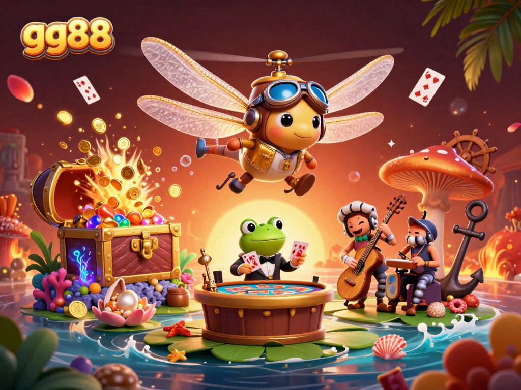 Experience thrilling betting action with gg88 as a dragonfly pilot and frog croupier come alive in an exciting casino setting.