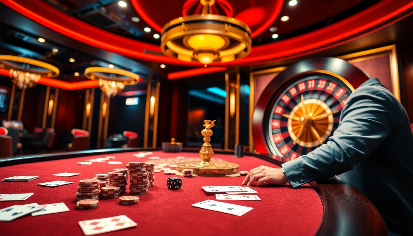 A thrilling gambling experience at alo789 with vibrant cards, chips, and a roulette wheel.