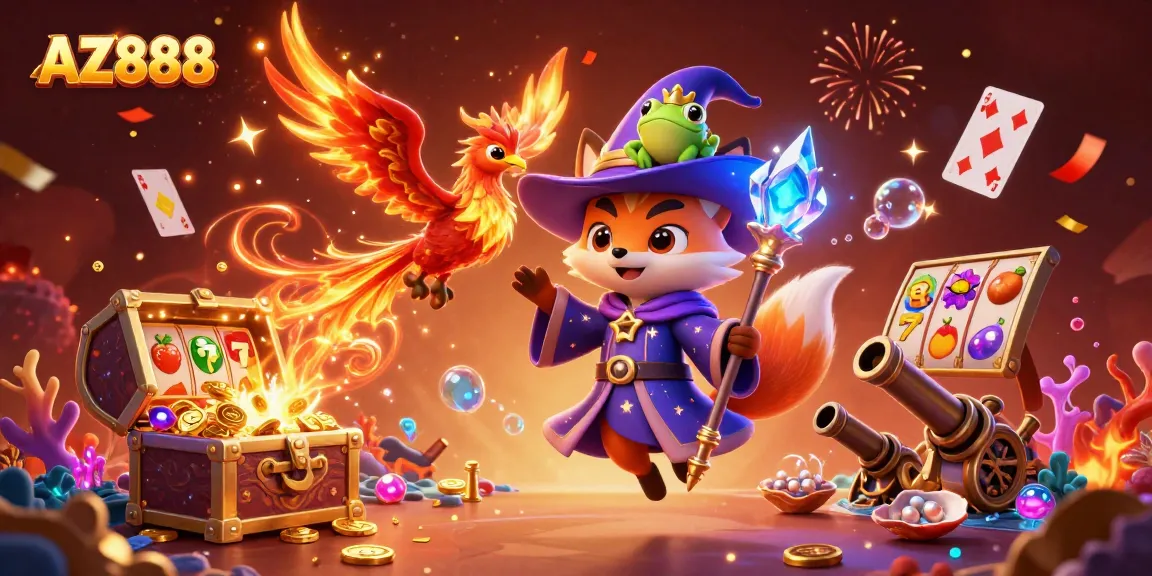 Experience thrilling slot games with AZ888 in this enchanting casino illustration.