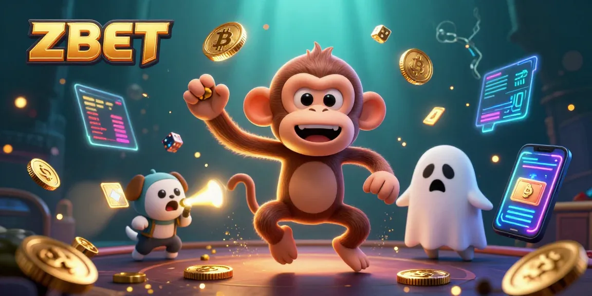 ZBET offers thrilling gaming excitement as a mischievous monkey and a curious puppy explore a vibrant casino.
