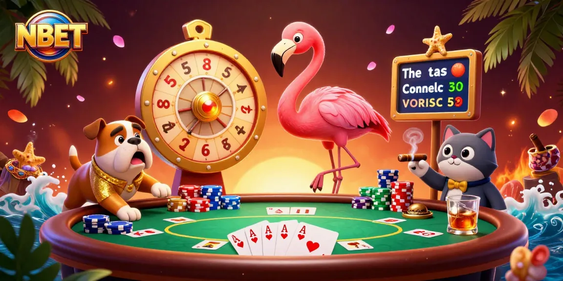 Experience the excitement of NBET with a flamingo host, bulldog contestant, and poker elements in a vibrant scene.