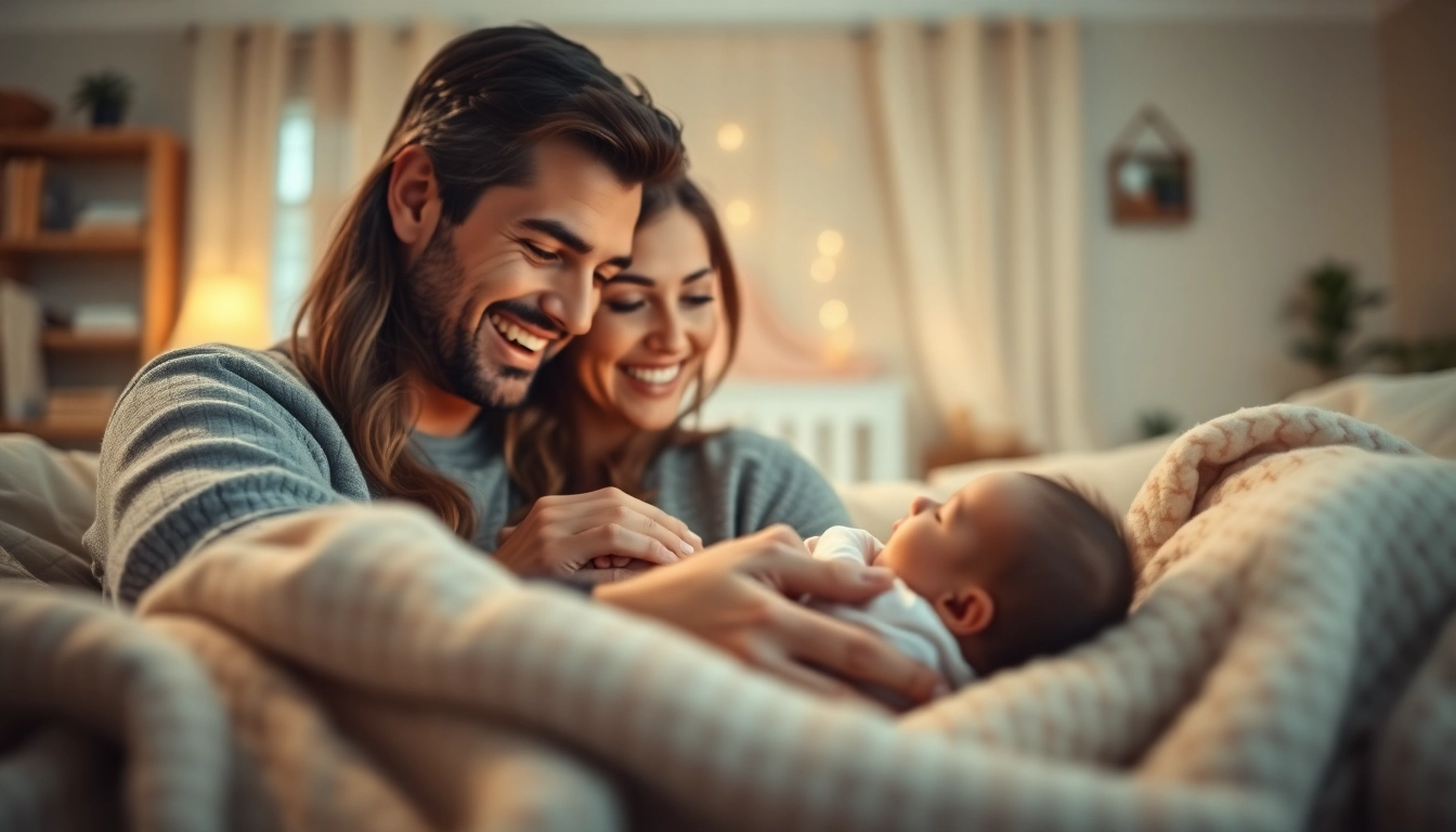 Family with new bornbaby sharing a heartfelt moment in a cozy living room.