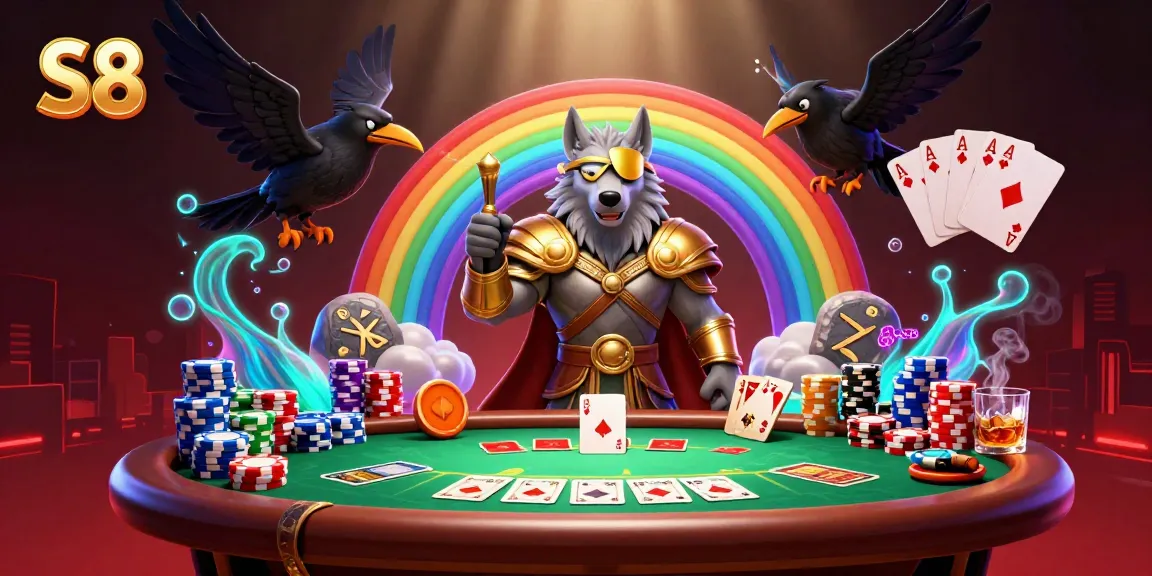 S8 showcases a dynamic card game scene featuring vibrant poker elements and Norse mythology characters.