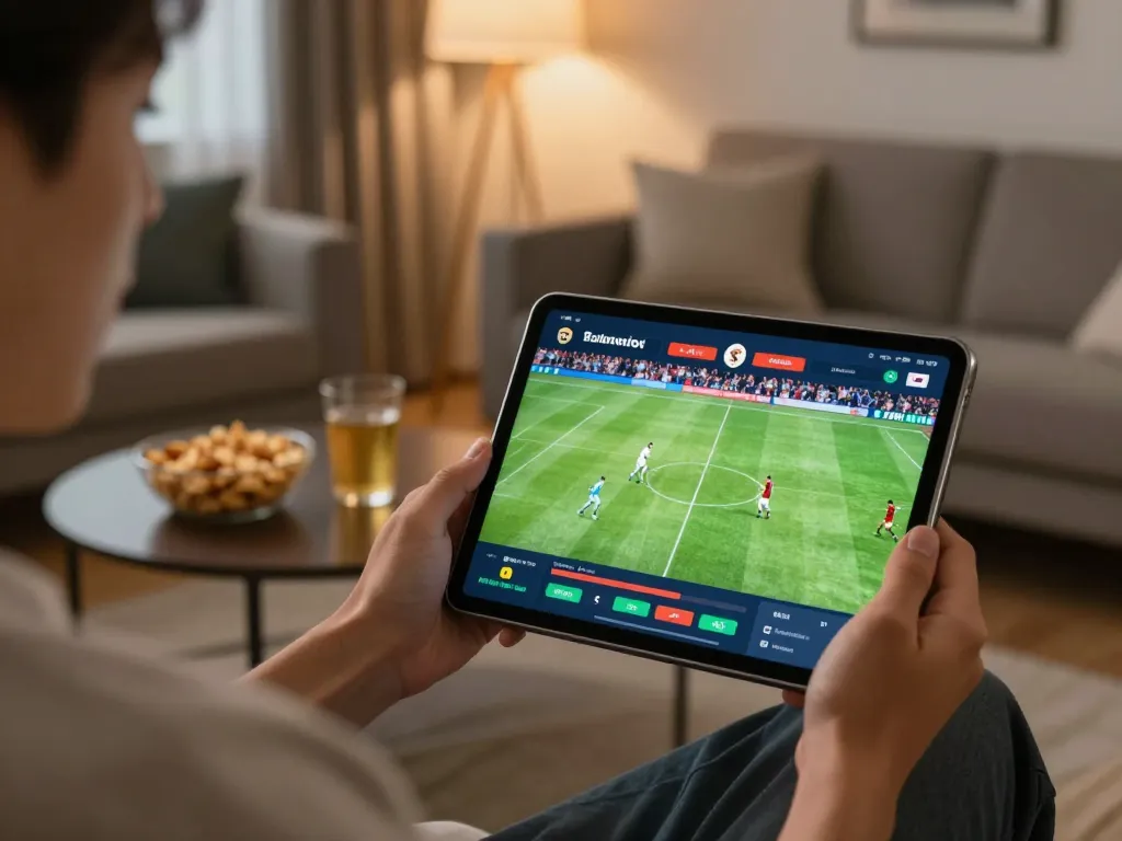 Interagindo com a plataforma 887bet para apostas esportivas ao vivo de casa, destacando a ação na tela do tablet