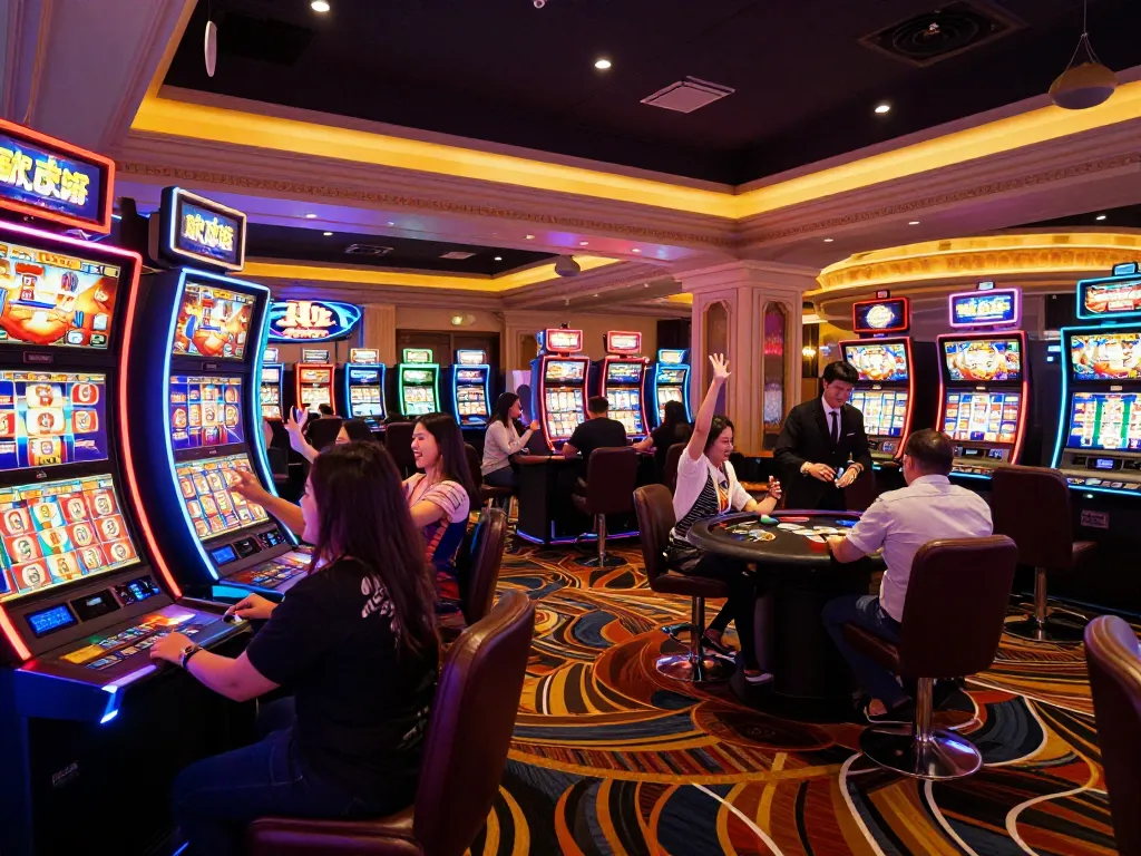 Players enjoying vibrant slot machines at King33 casino, celebrating wins in an electric atmosphere.