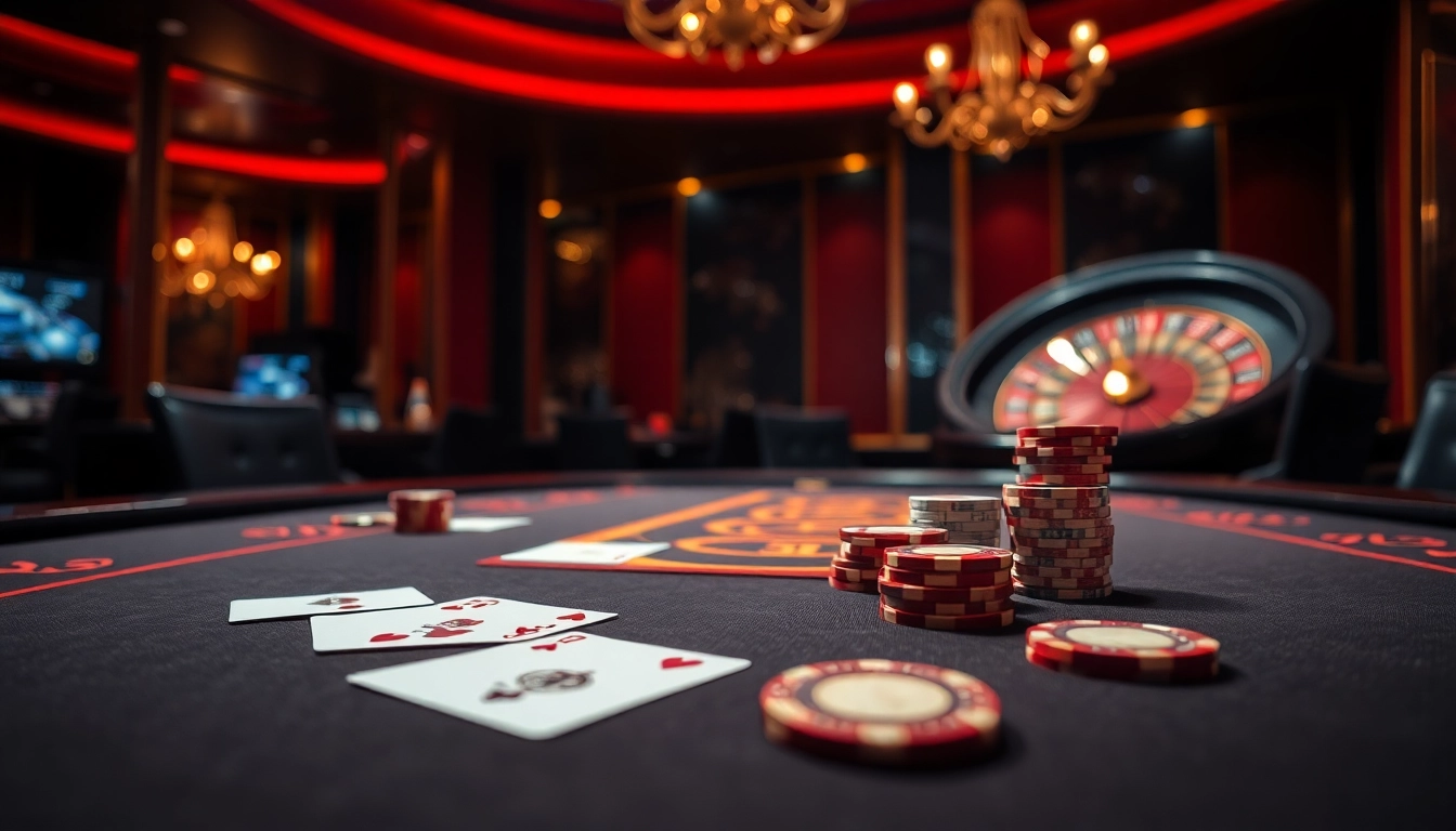 Exciting gameplay at SHBET casino table with cards, chips, and roulette wheel in a luxurious setting.