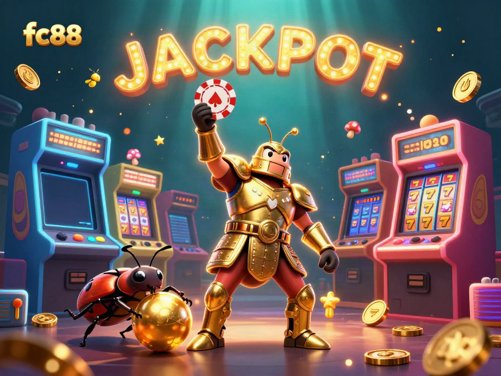 Experience thrilling casino action with fc88 in this vibrant illustration featuring a heroic beetle celebrating a jackpot.