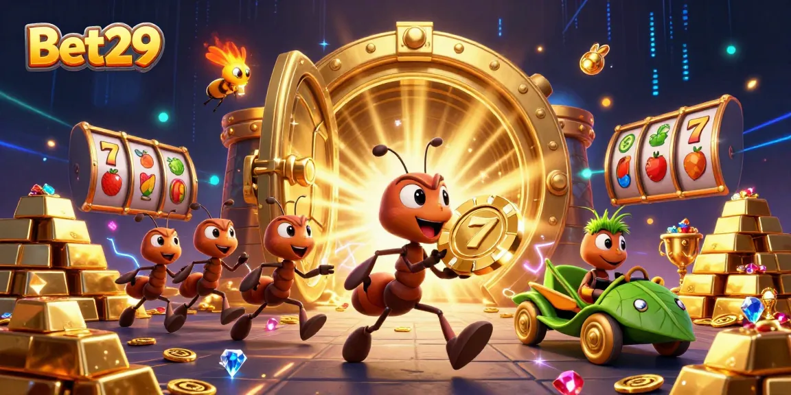 Experience Bet29 excitement with a vibrant illustration of ants on a heist for gold gaming treasures.