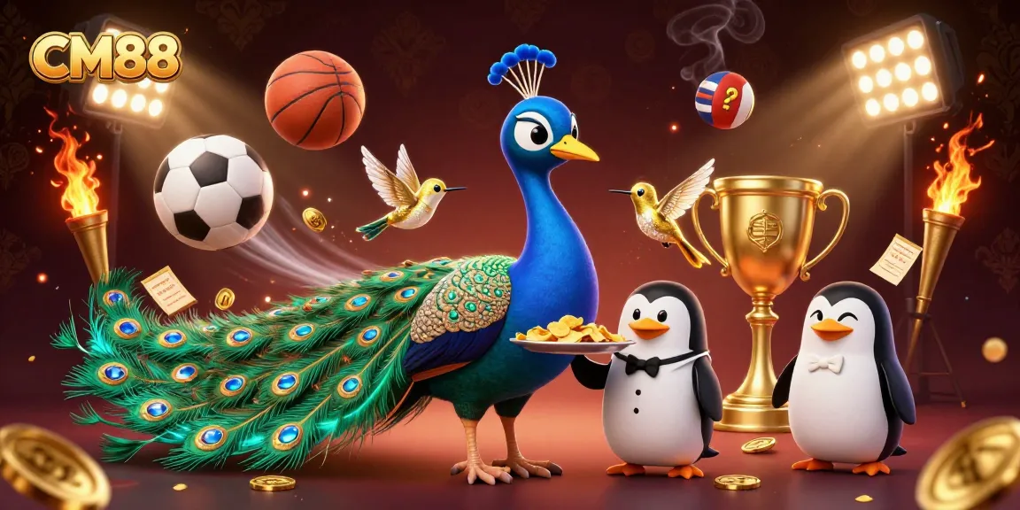 Experience the excitement of CM88 with a vibrant 3D casino illustration filled with action and gambling elements.