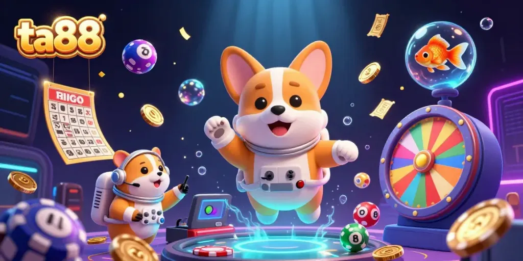 Experience the exciting world of ta88 with dynamic games and lively scenes filled with floating gold coins and lottery balls.