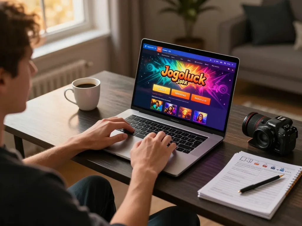 Person engaged in a jogoluck online gaming session at home, showcasing strategy notes and user-friendly interface