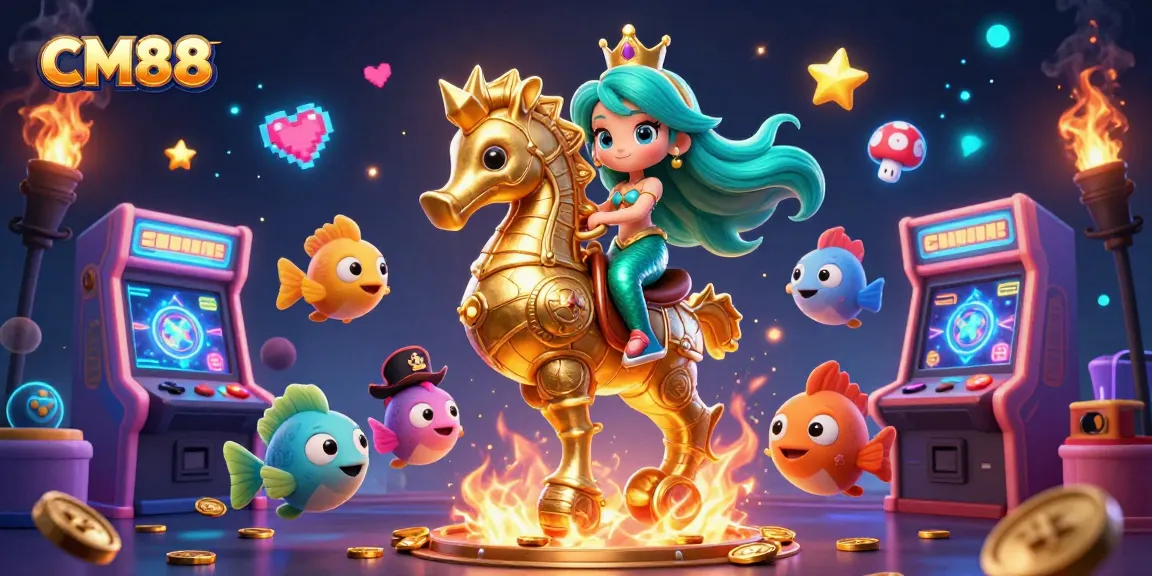 Engage with CM88's vibrant casino world through a captivating scene featuring a dynamic mermaid and seahorse.