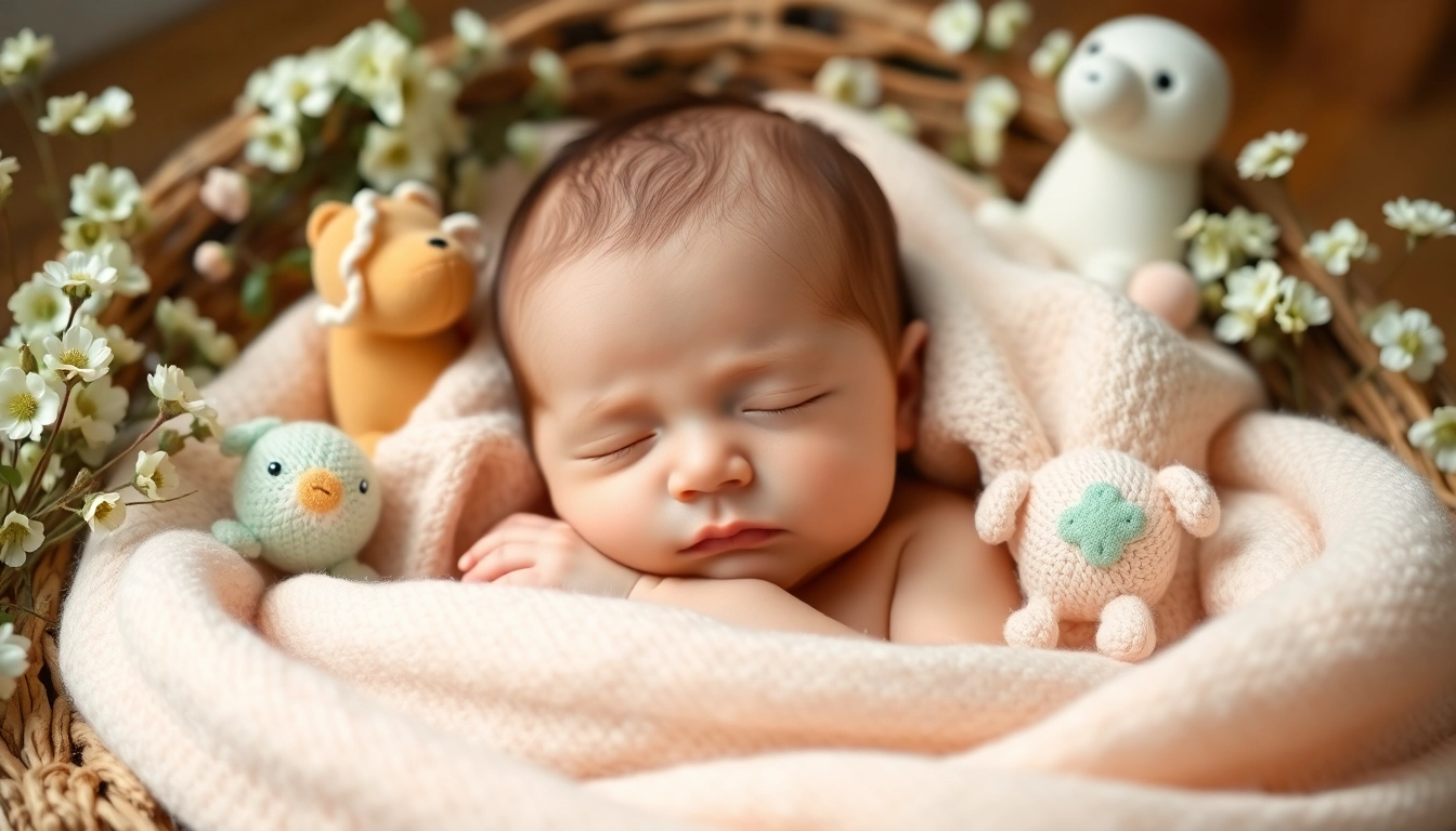 Captivating Babyfotografie showcasing a serene infant in a soft, floral setting.