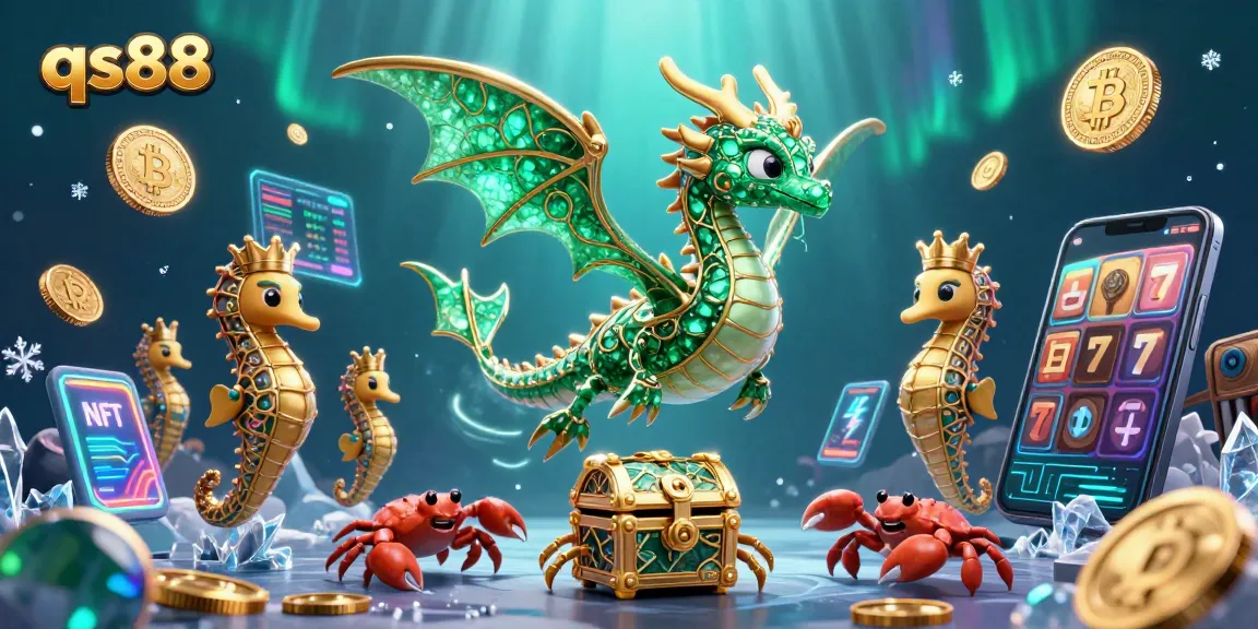 Engage with qs88's vibrant underwater fantasy scene featuring a sea dragon, treasure, and cryptocurrency