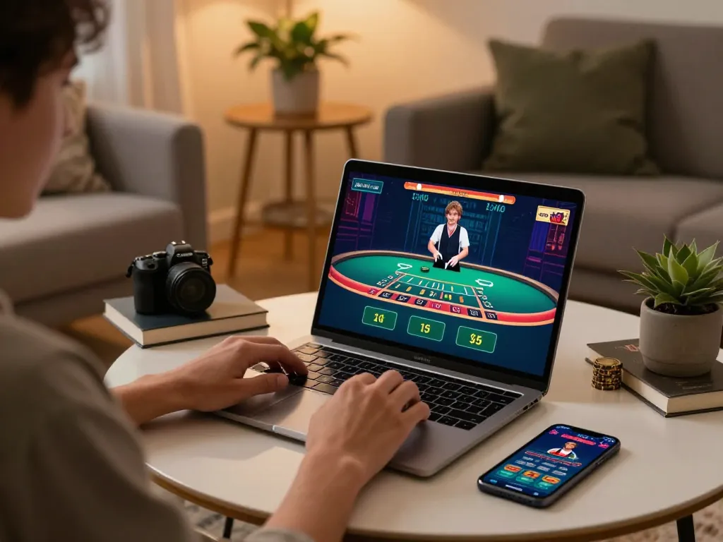 Engaged player experiencing Jun88 live dealer blackjack from home, showcasing online gambling excitement.