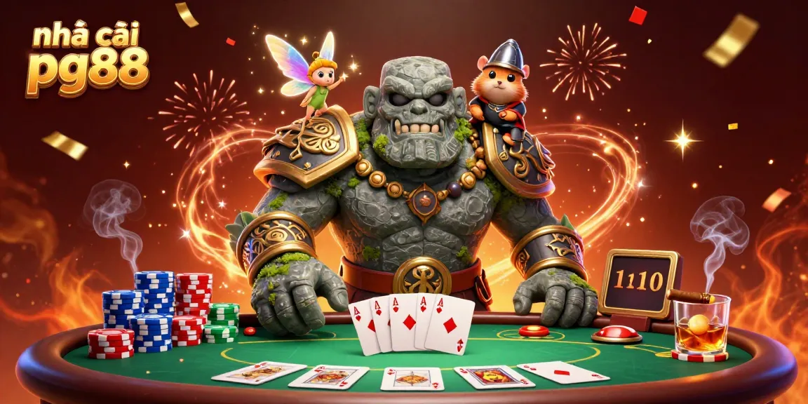nhà cái pg88 showcases an engaging casino scene with a golem guardian and magical elements.