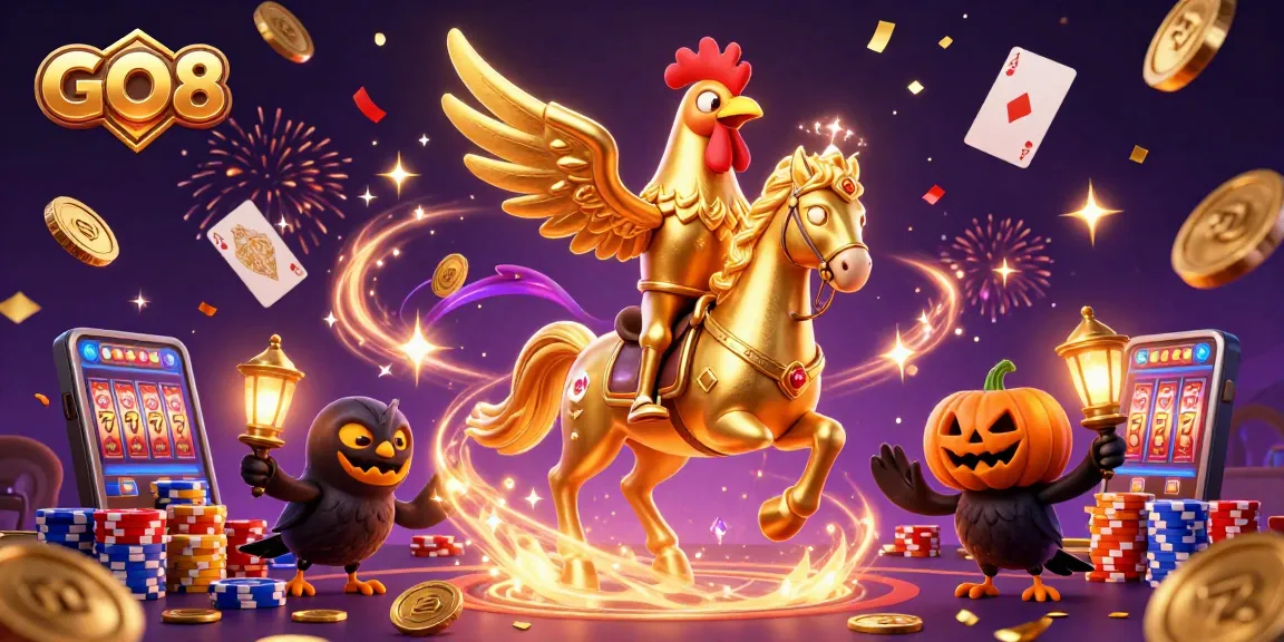 Experience the thrill of GO8 gaming with a golden rooster and magical casino elements.