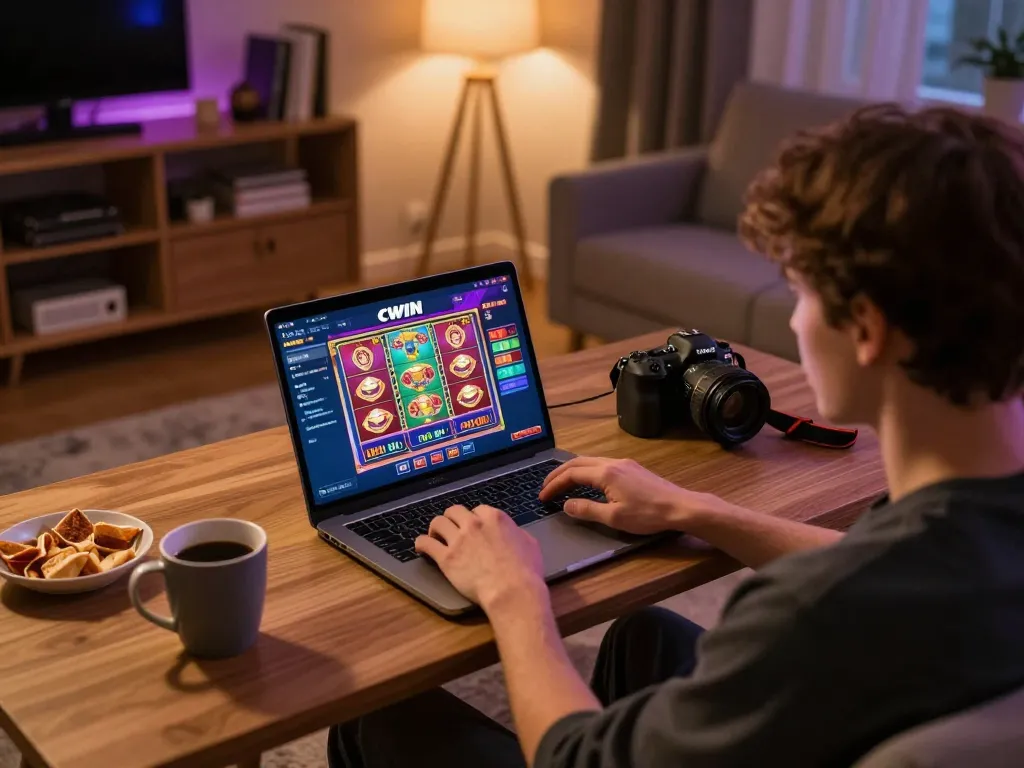 CWIN player engaging in online slots gameplay from cozy living room setup