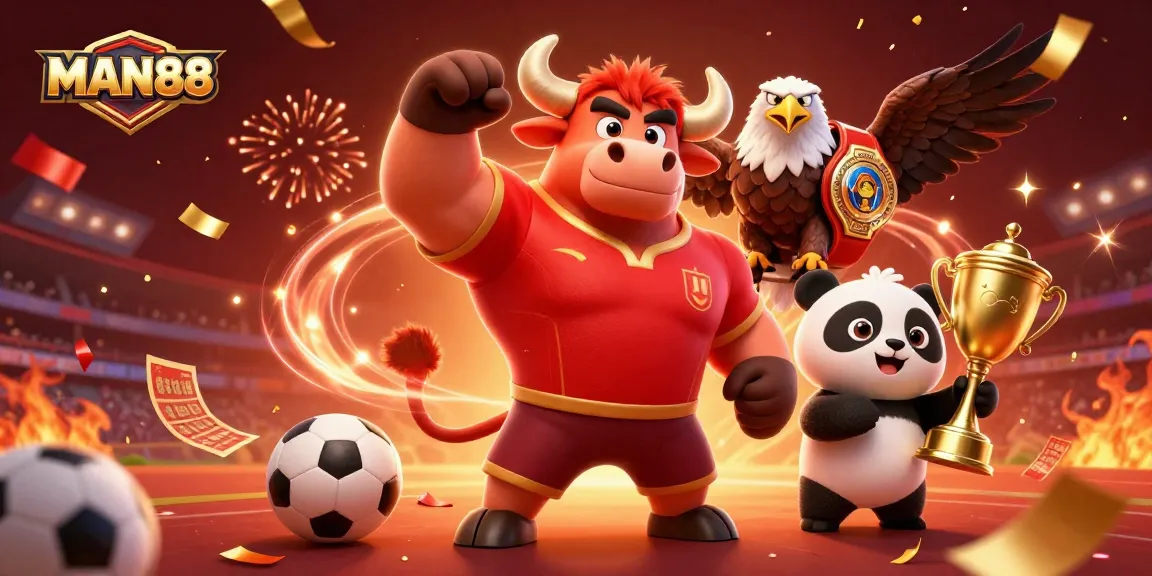 Engage with MAN88's thrilling sports betting platform, highlighted by cartoon characters celebrating victory.