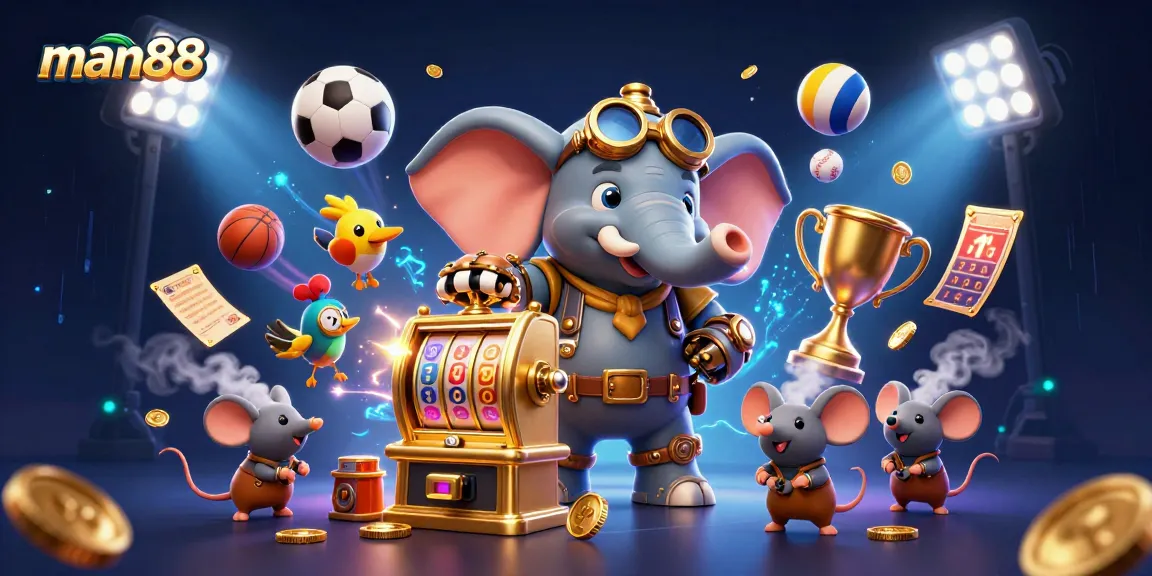 Spin the golden slot machine with man88 while surrounded by flying sports balls and dynamic casino elements.