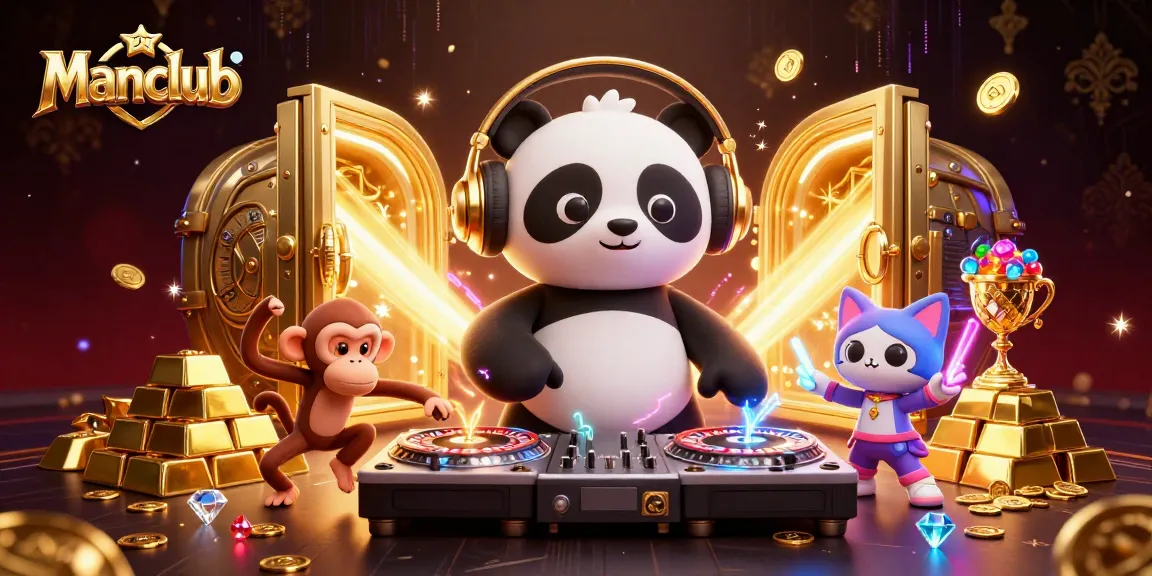 Manclub offers thrilling slots and games as the DJ panda spins vibrant roulette wheels surrounded by treasures.